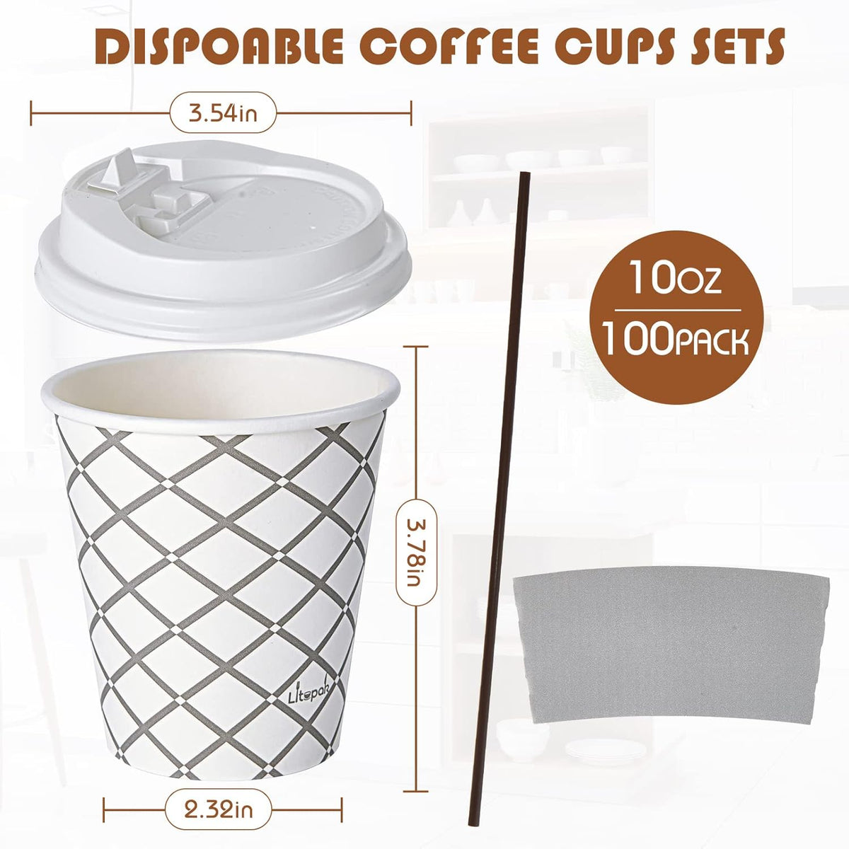 LITOPAK 100 Pack 10 oz Paper Coffee Cups with Lid, Sleeve, and Straws, Four Designs of Disposable