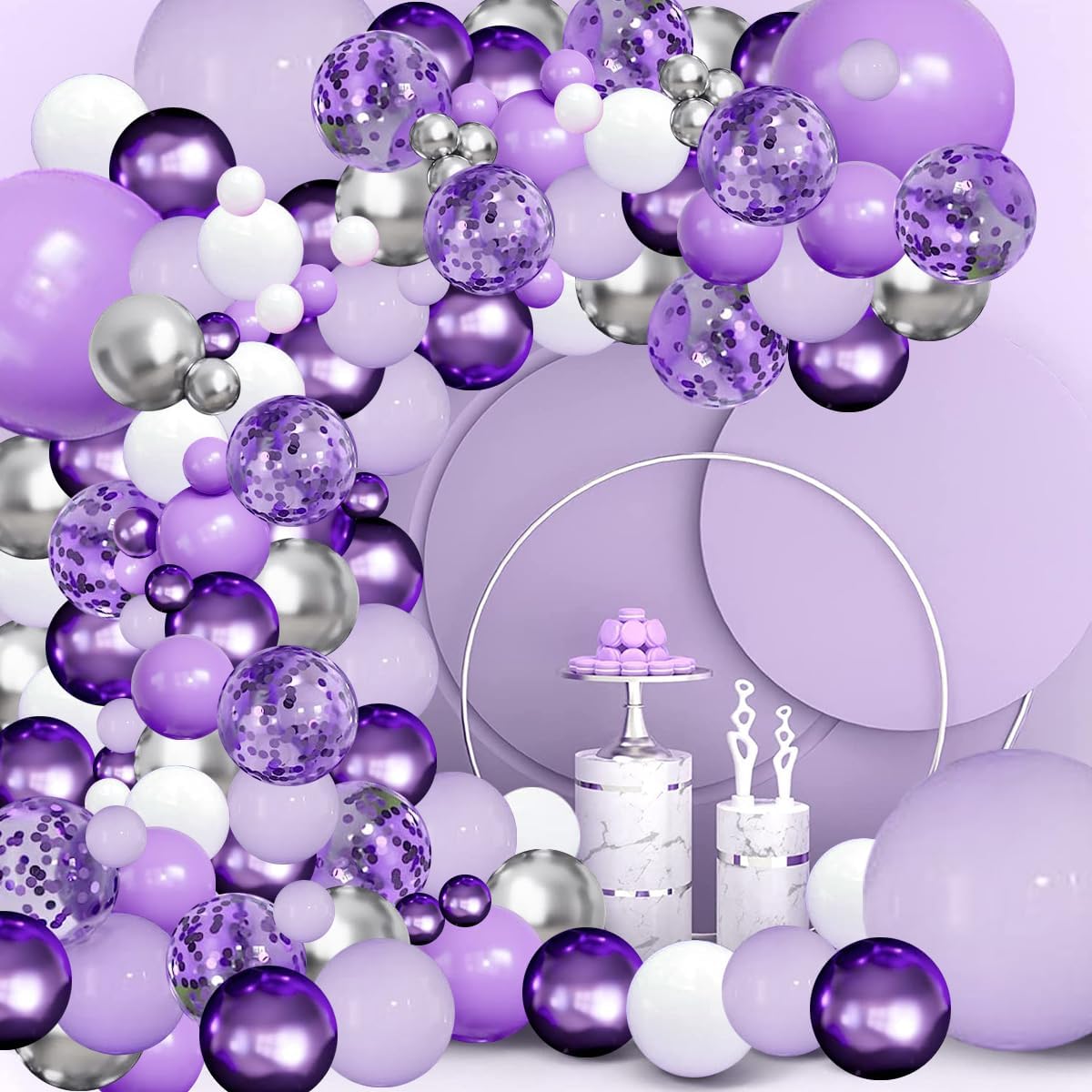 Purple Balloons Garland Arch Kit,144pcs Lavender Purple Pastel Purple Confetti Balloons with Silver
