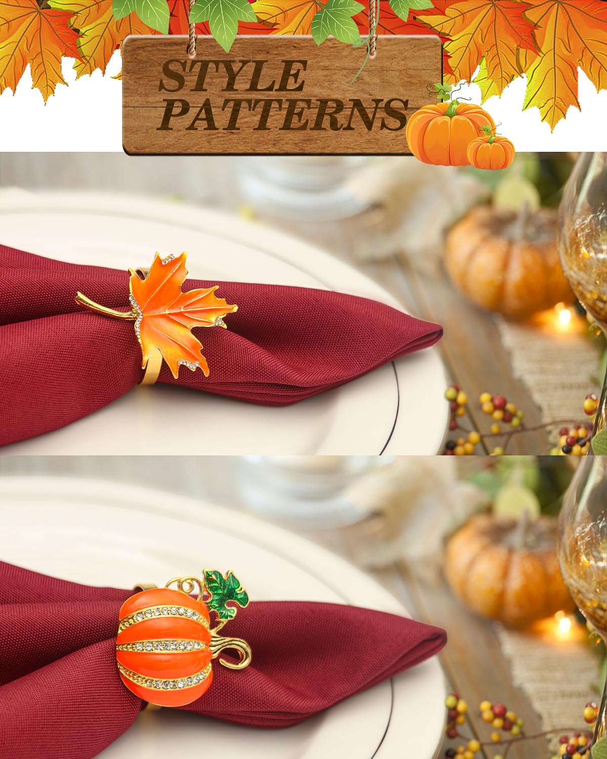 KPOSIYA Fall Napkins Rings, 6 Pcs Thanksgiving Napkin Ring Fall Maple Leaf Napkin Rings and