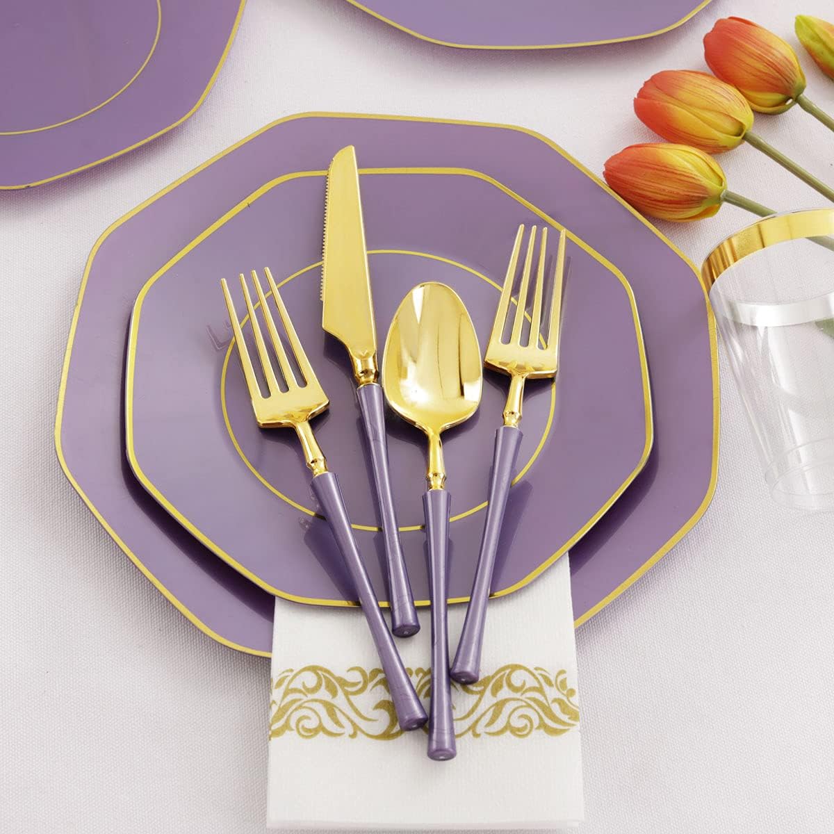 KIRE 140Pcs Purple Plastic Plates with Gold Rim& Gold Disposable Plastic Silverware with