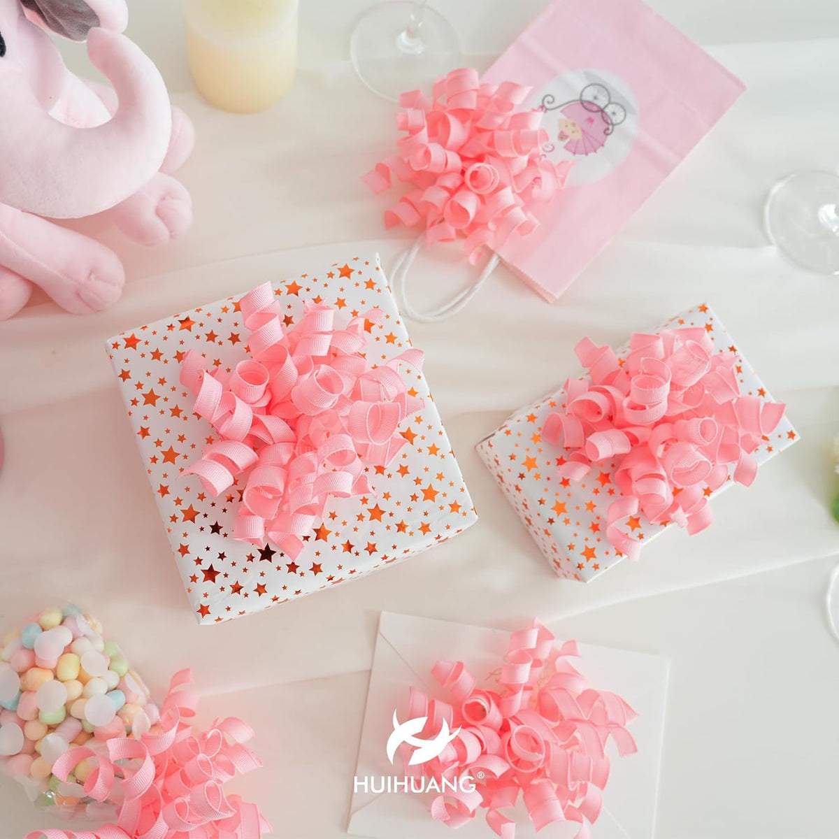 HUIHUANG Pink Bows for Gift Wrapping, Pink Curly Ribbon Bows Self Adhesive Burst Gift Bow for