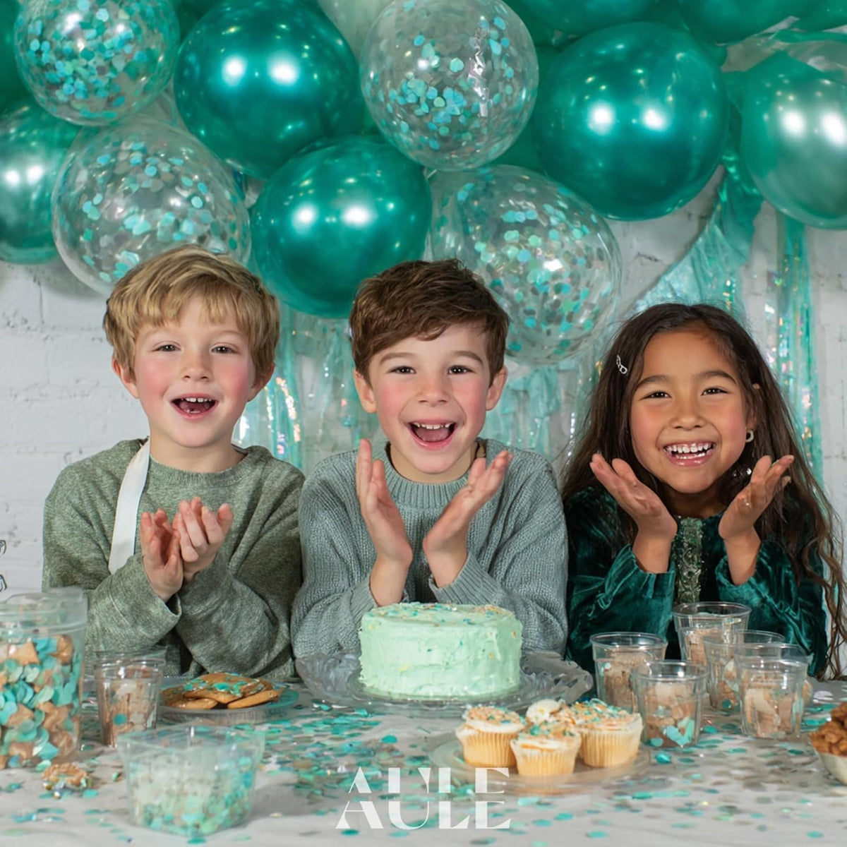 AULE Party Balloons Pack of 42 - Metallic Green Balloons & Confetti Balloons and 64ft Ribbons - 12