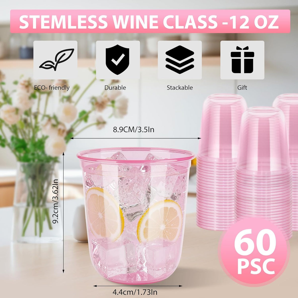 60 Pcs Disposable Stemless Clear Glasses 12 oz NATURAL Arc Crystal Plastic wine glasses Clear