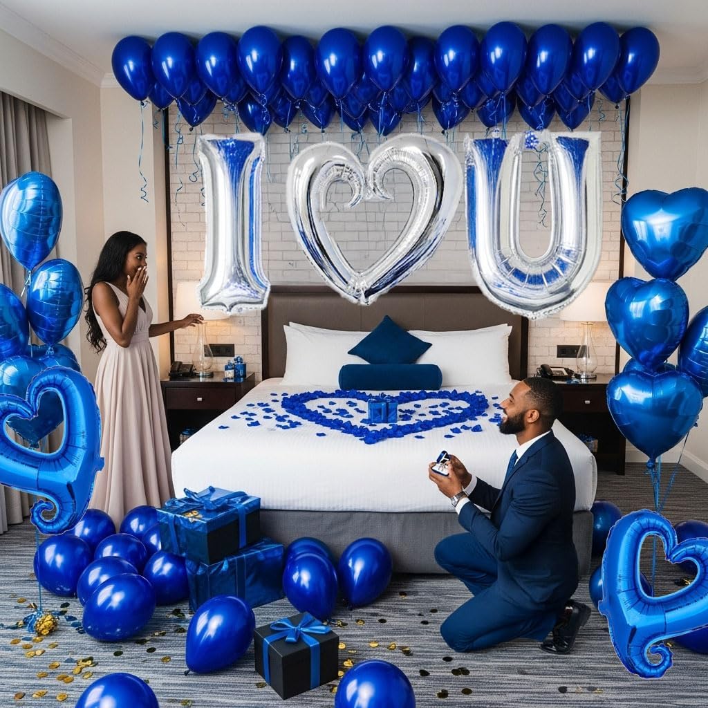 I Love You Balloons for Him/Her Balloons Royal Blue Sliver romantic balloon kit with blue heart
