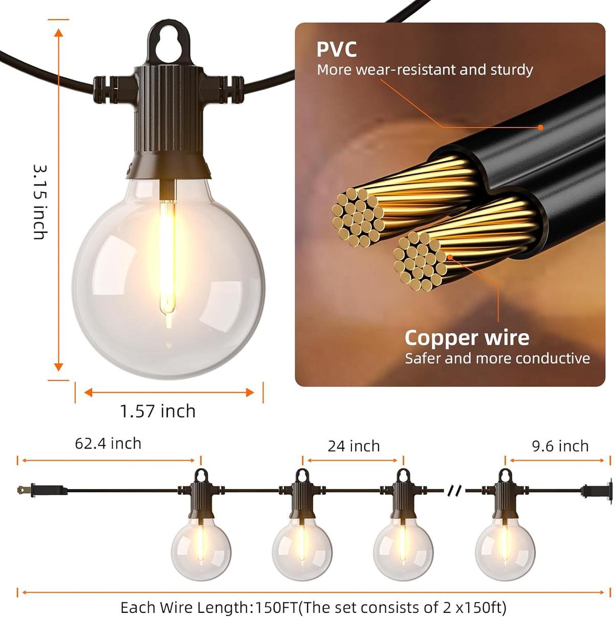 Kawaya 300FT Outdoor String Lights - LED Waterproof Patio Light for Outside with 146+4 G40 Globe