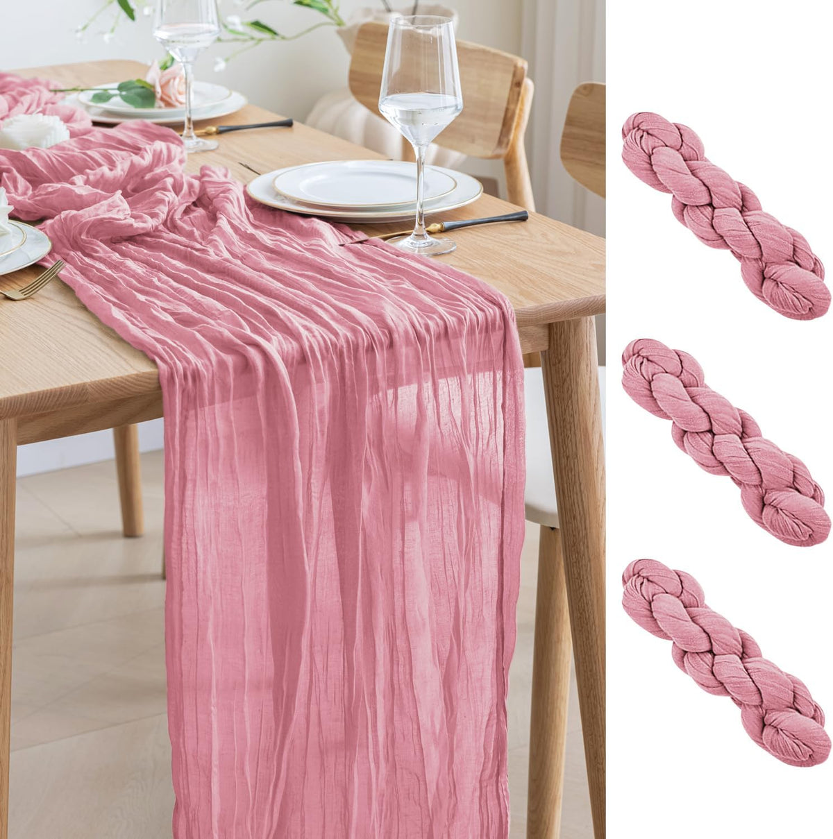 Asee'm 3pcs Cheesecloth Table Runner 120 Inches Long Pink Boho Gauze Cheese Cloth Runner 10FT
