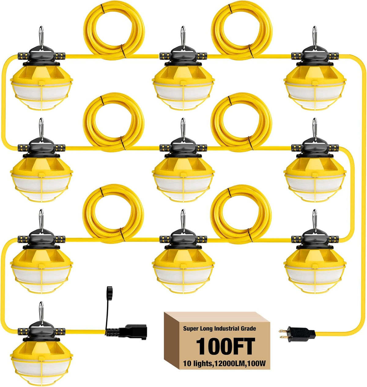 100FT Construction String Lights with Cage, IP65 Waterproof LED String Work Lights, 5000K Daylight