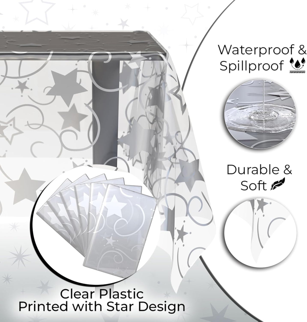 Exquisite Clear Silver Star Tablecloth Plastic 12-Pack Disposable Rectangle Tablecloths 54" x 108"