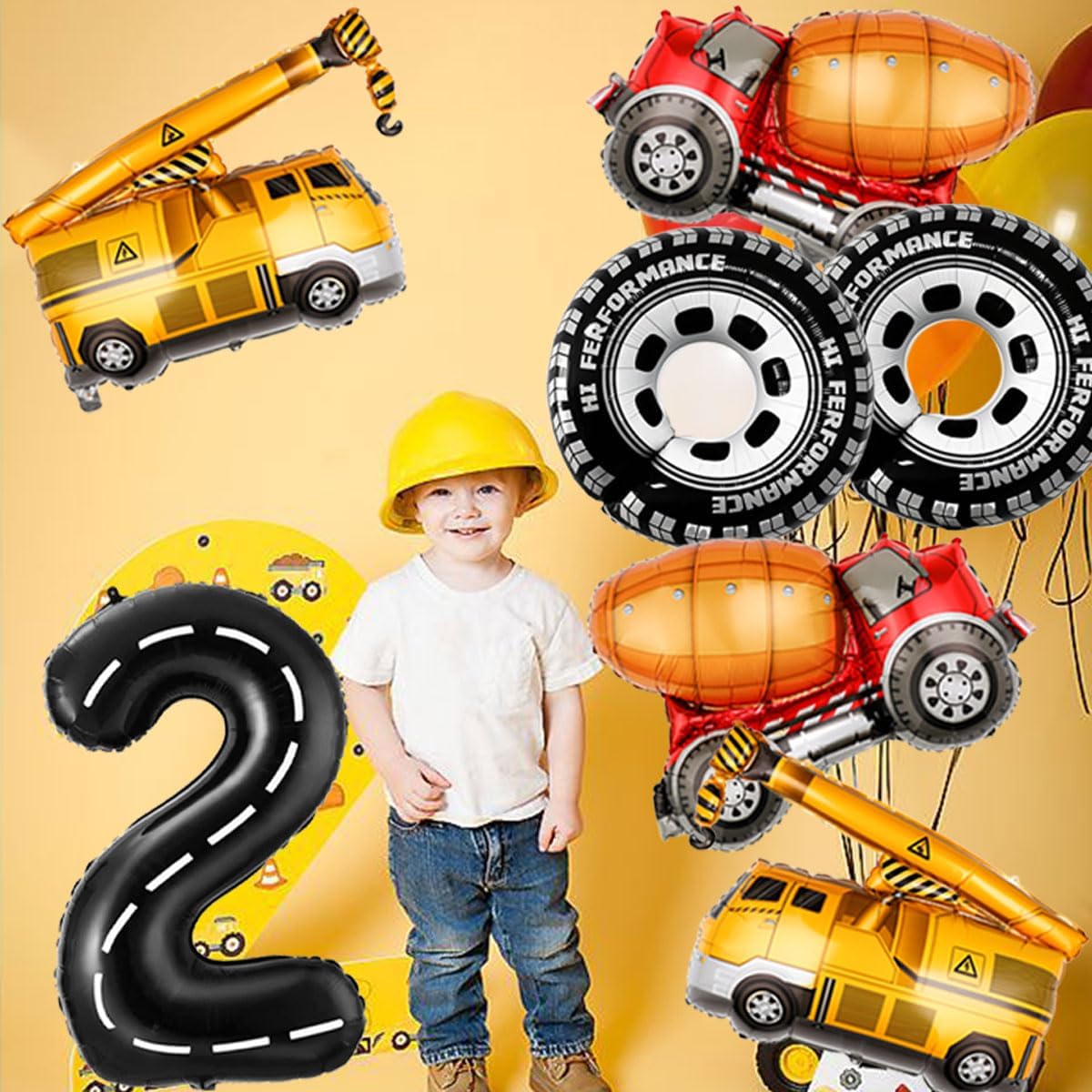 2nd Birthday Decorations for Boys Construction Balloons 40inch Number 2 Balloons Truck Foil Balloon