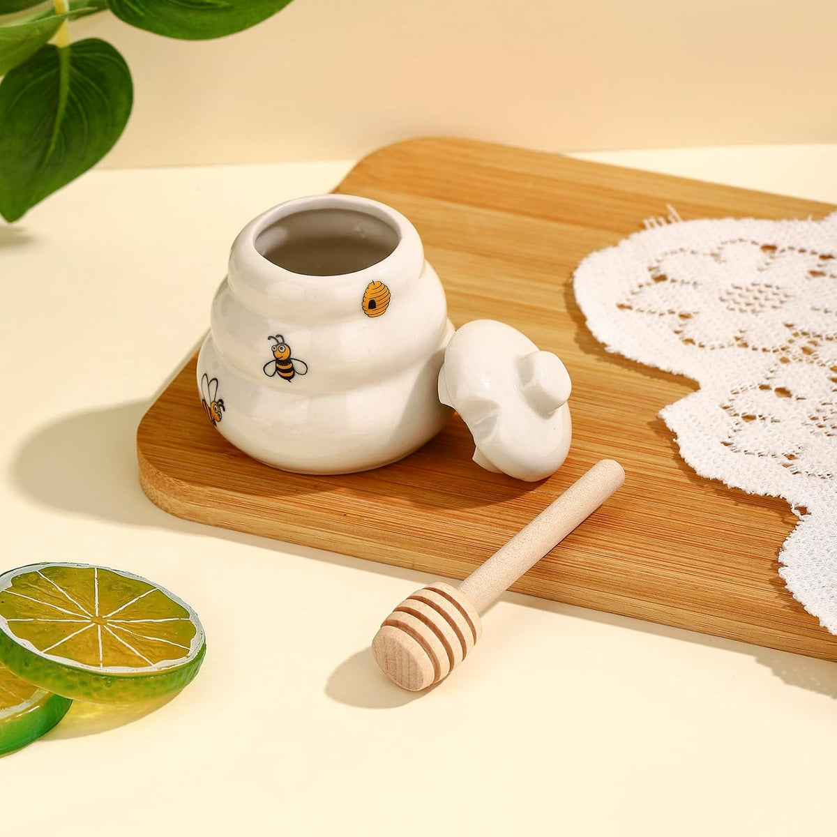 12 Sets Ceramic Bee-Happy Honey Pot with Dipper，Honey Jar Serving Set with Exquisiting Package for