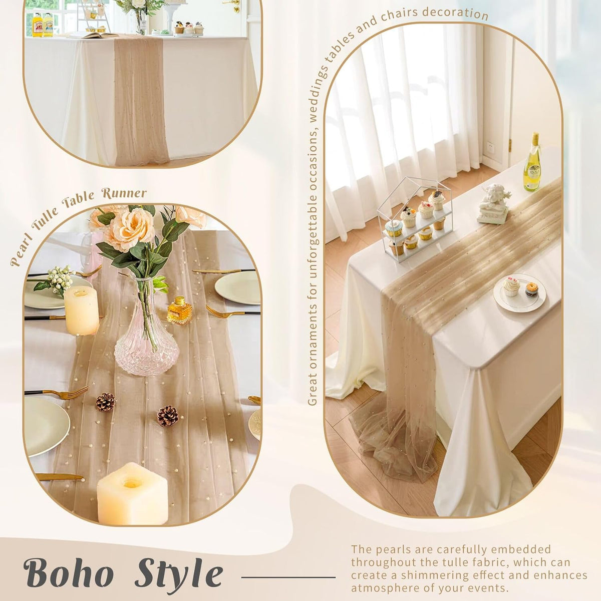 Set of 6 Pearl Table Runner 29 x 120 Inch Tulle Fabric Lace Table Runners Boho Rustic Tablecloth