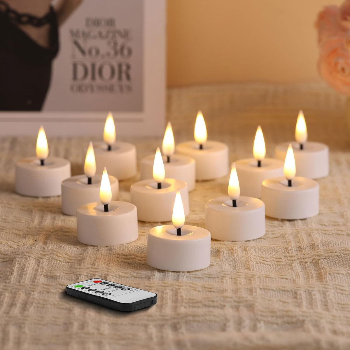 Eywamage White LED Tealights with Remote Batteries, Flickering Flameless Tea Lights Electric Votive