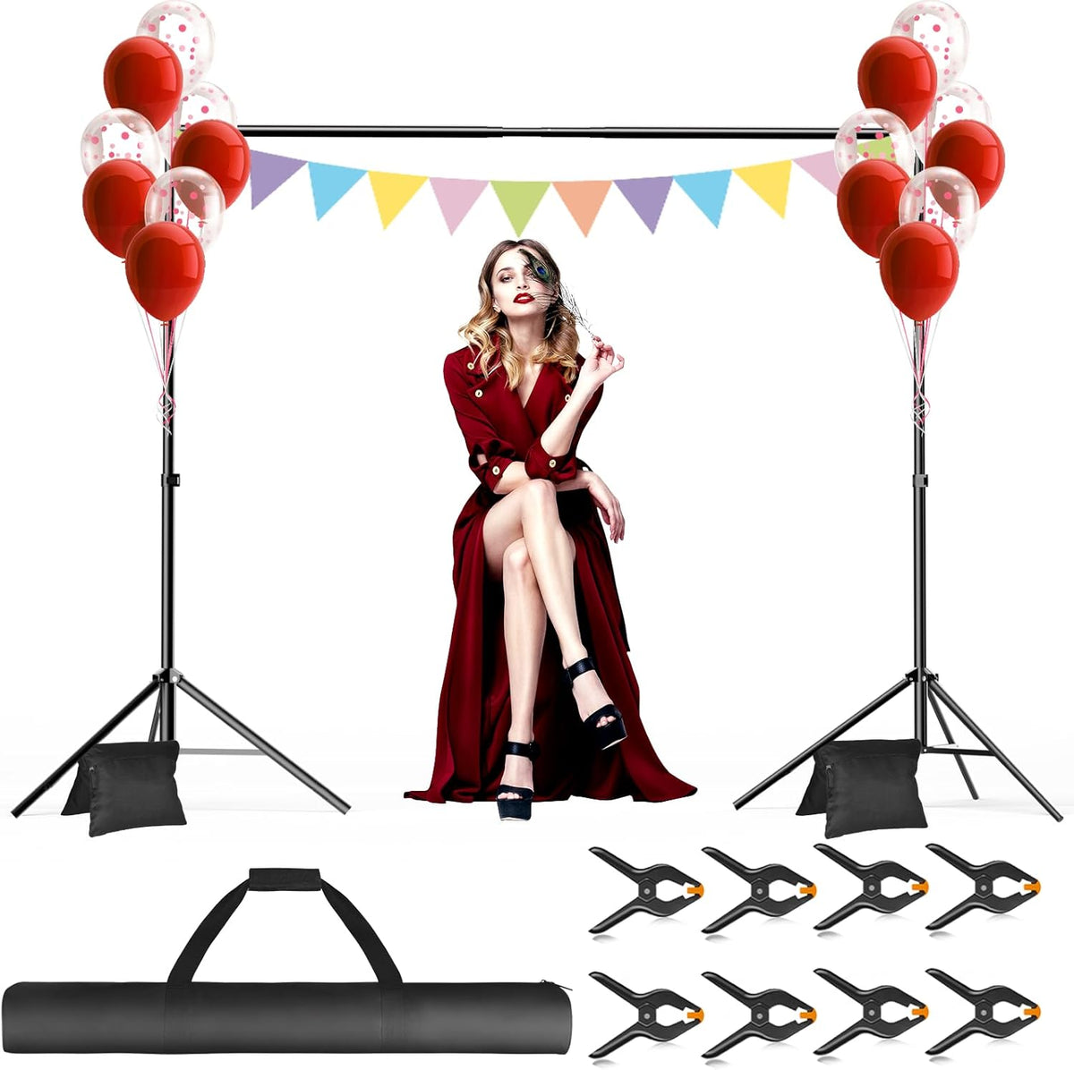 Backdrop Stand, 10x7ft(WxH) Photo Background Stand Adjustable Support Kit with 2 Crossbars, 8