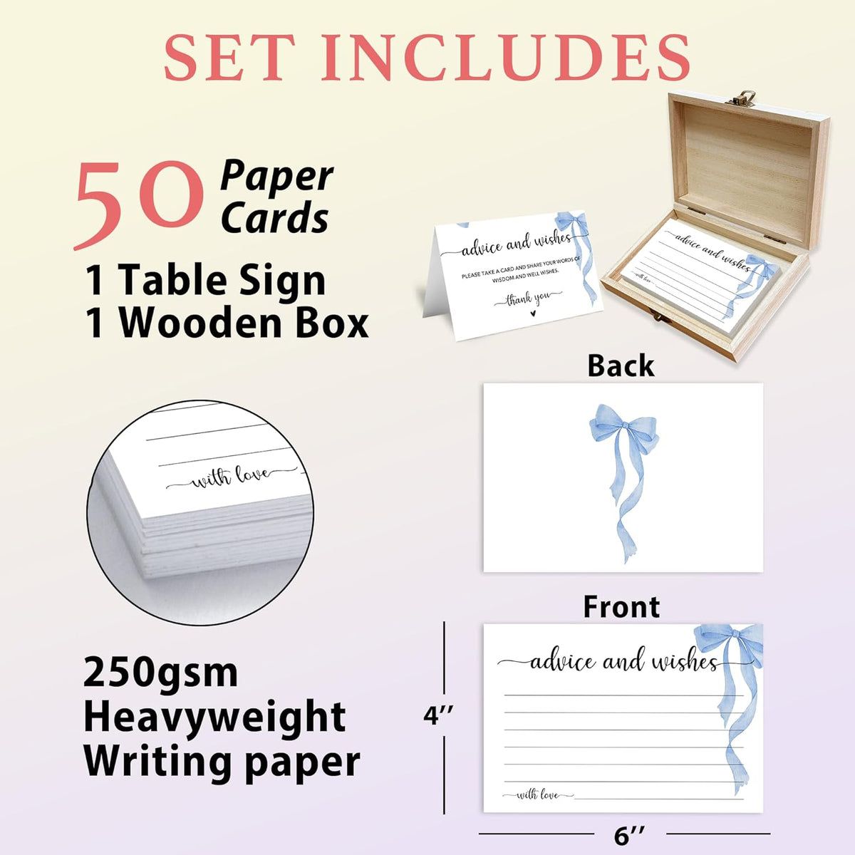 Advice and Wishes Cards Box, 50 Pcs Birthday Wedding Baby Shower Advice Cards, Well Wishes Box for