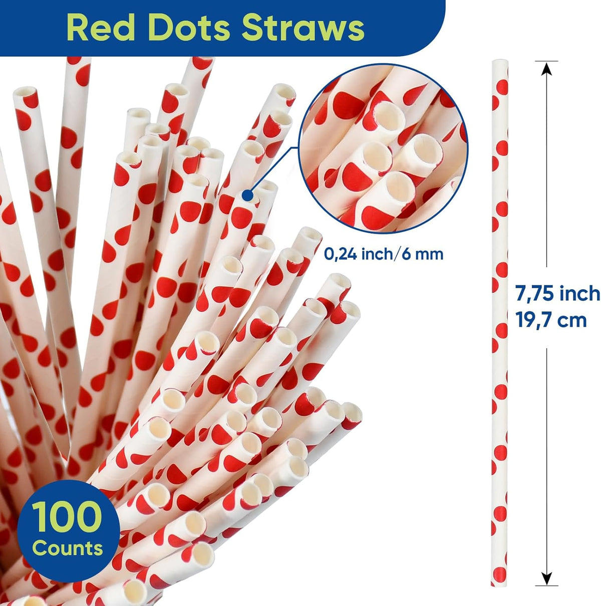 7.75'' x 0.24'' Red Polka Dots Disposable Paper Straws for Drinking, Compostable, 100 Counts - for