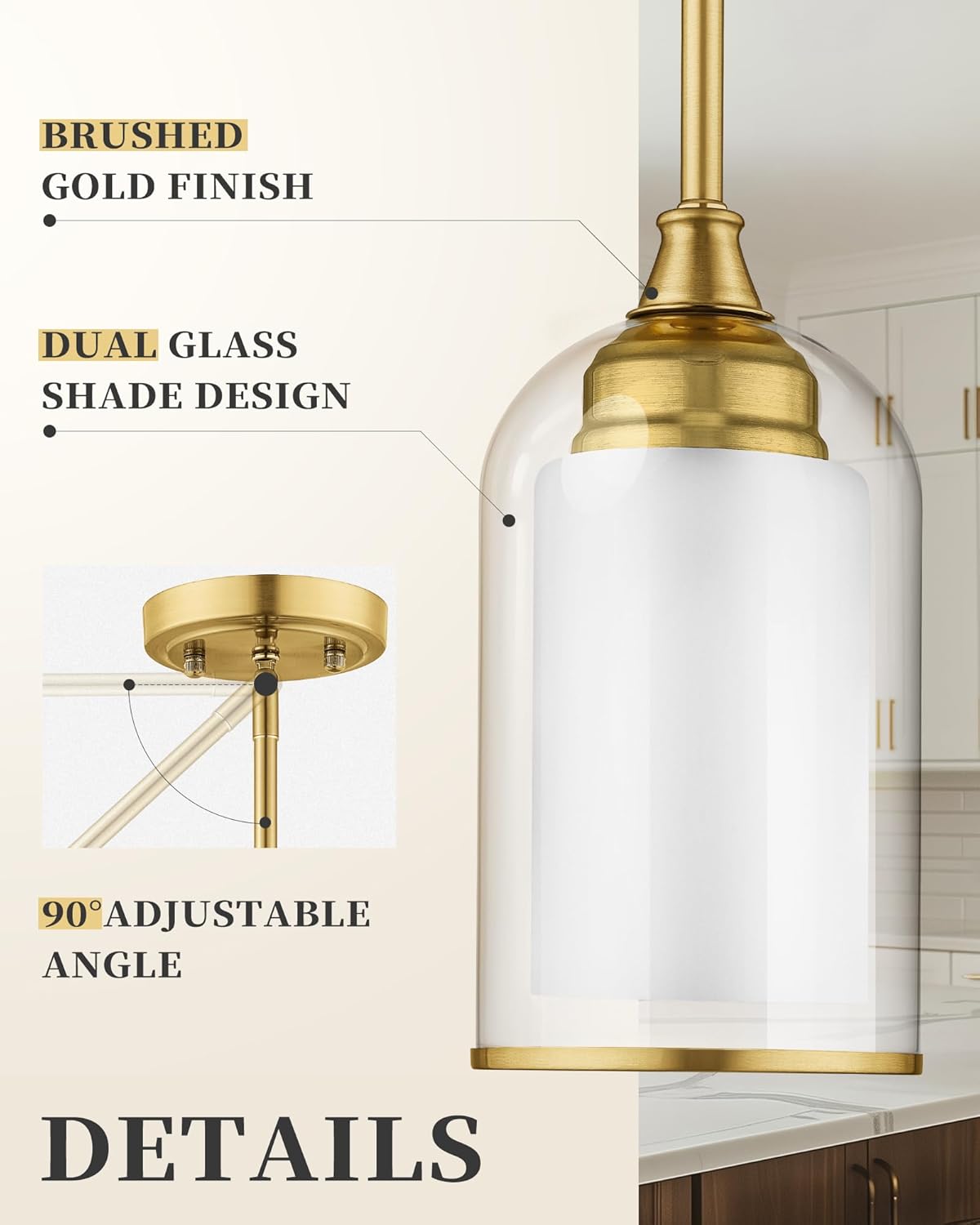 LIROUVET 2 Pack Pendant Lights, Vintage Dual Glass Hanging Lamp, Brushed Gold Pendant Lights