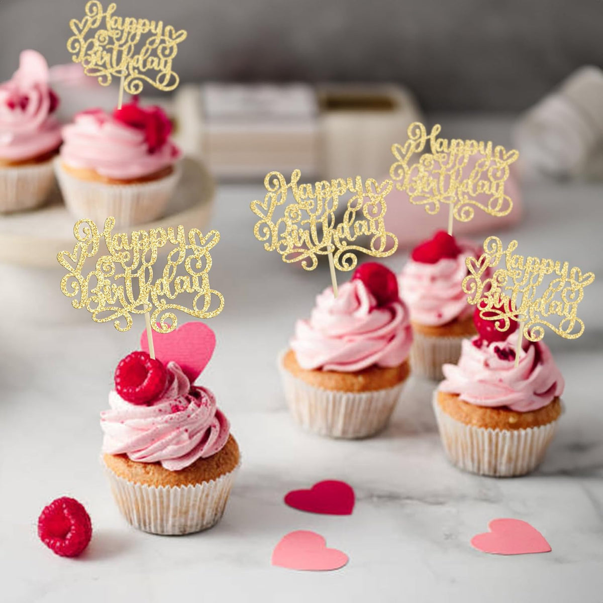 Gyufise 24Pcs Happy Birthday Cupcake Toppers Glitter Happy Birthday Cupcake Picks for Celebrating