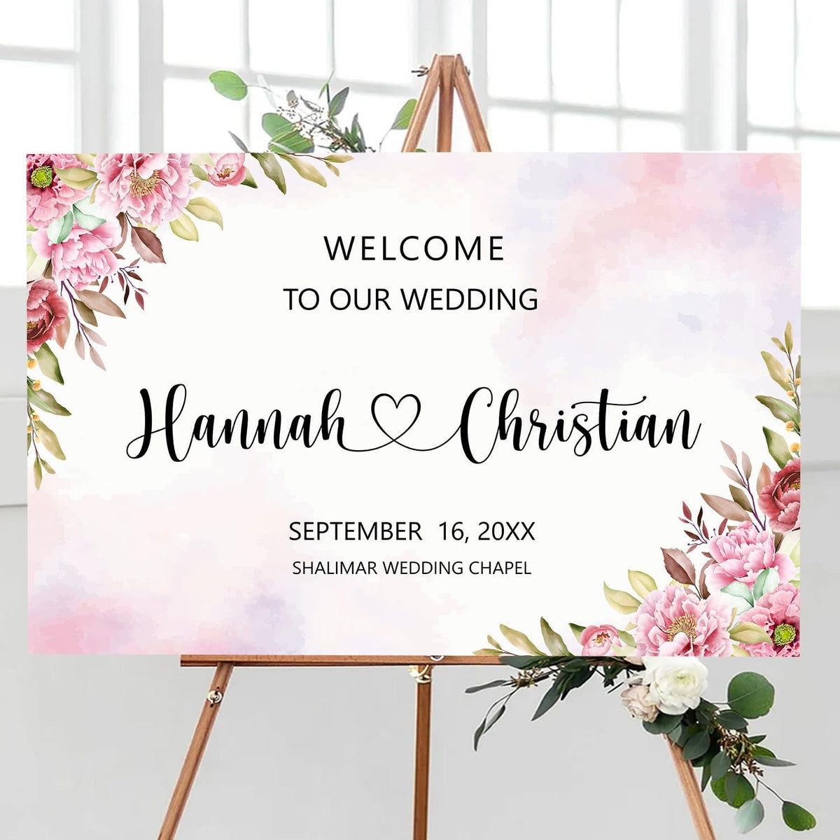 Ethereal Blush Wedding Welcome Sign Template, Editable Printable Modern Rose & Geranium Floral Sign