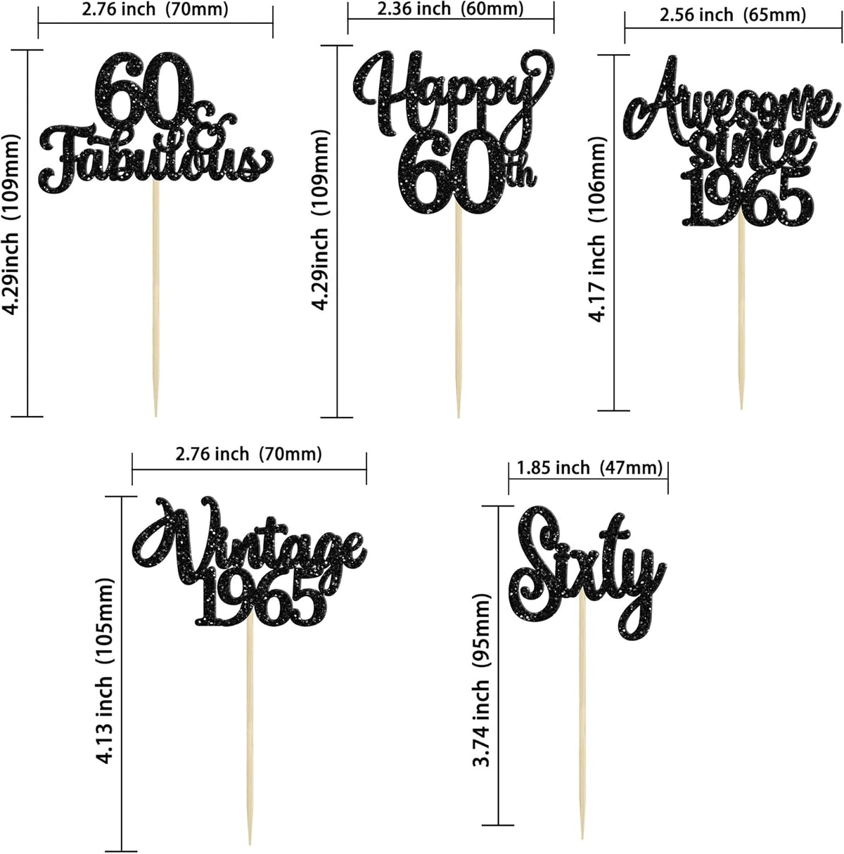 30Pcs Happy 60th Birthday Cupcake Toppers Glitter Sixty Vintage 1965 Cupcake Picks Cheers to 60