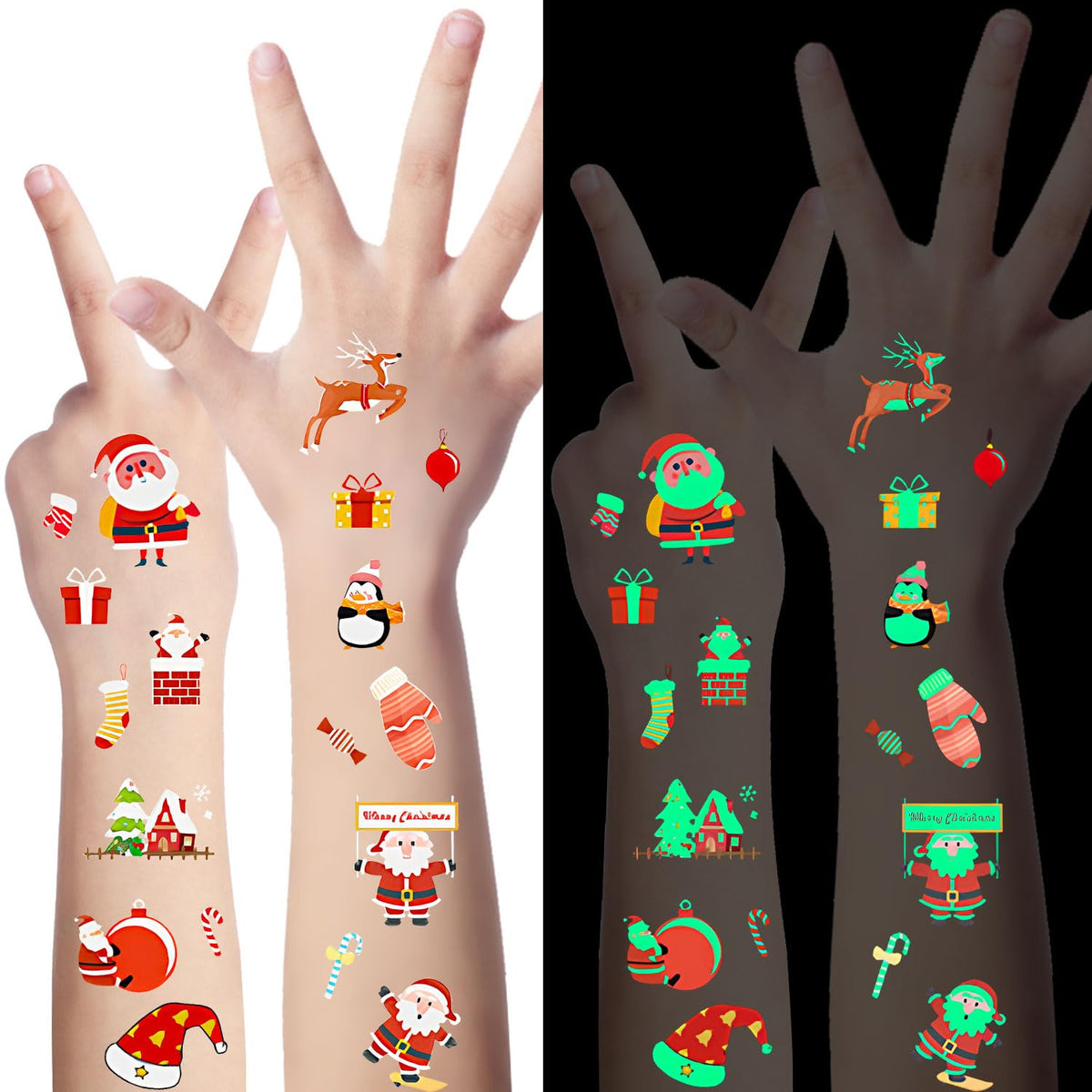 LOMIMOS 240PCS Christmas Temporary Tattoos for Kids,Christmas Party Favors Glow In The Dark Tattoos