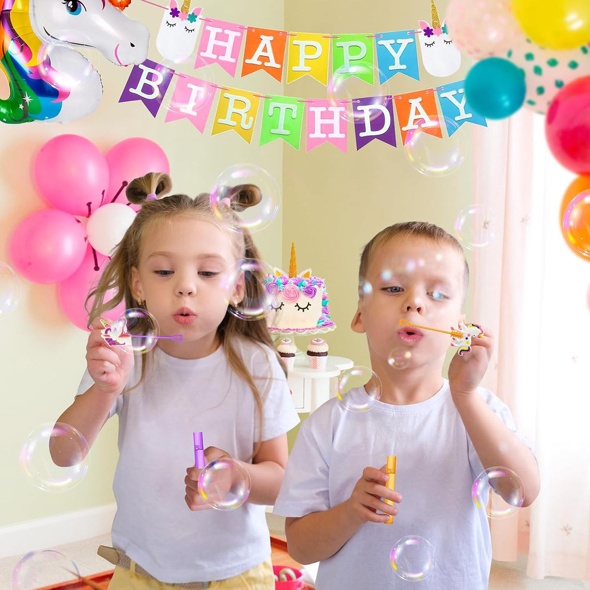 AFZMON 24 Unicorn Party Favors Bubble Wands for Kids, Rainbow Horse Mini Bubbles Wand Toys, Rainbow