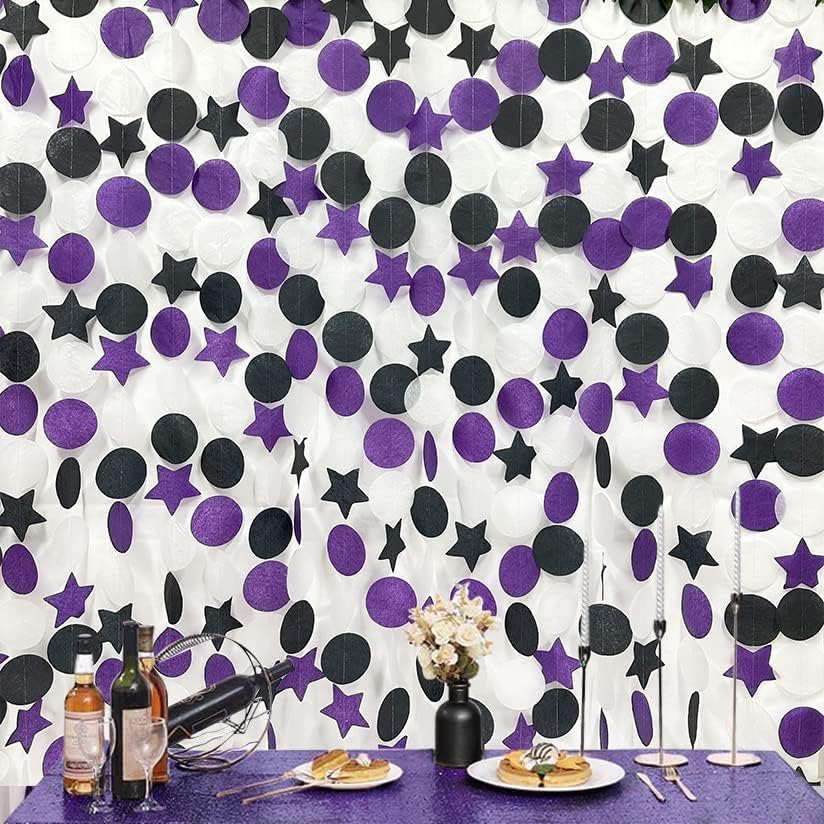 173 Ft Purple Black and White Party Decorations Big Star Circle Dot Backdrop Streamer Garland for