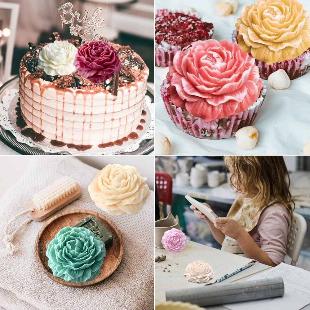 2PCS Peony Flower Silicone Soap Molds 3D Resin Candle Molds Flower Fondant Silicone Mold for