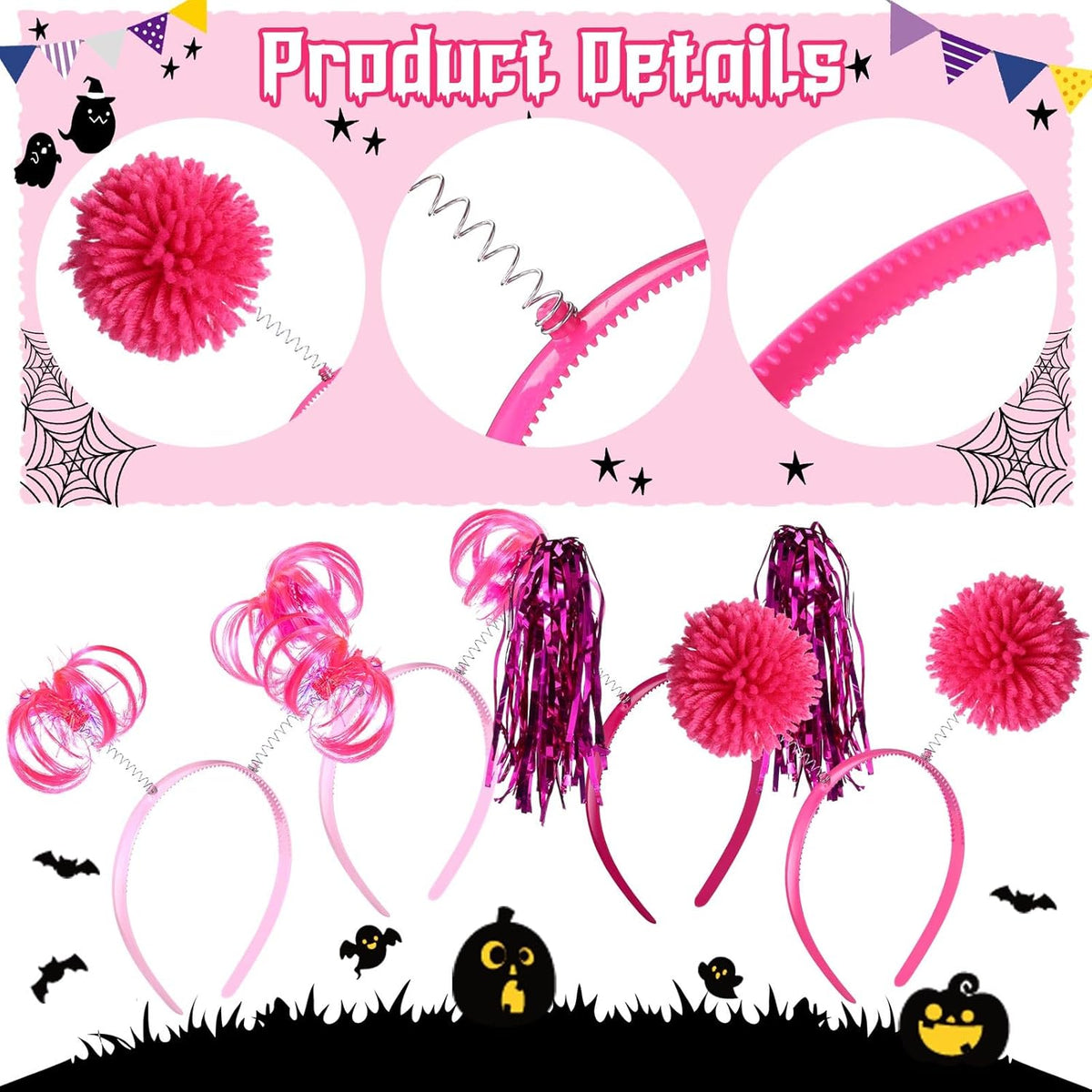 Censen 12 Pcs Halloween Pom Pom Party Headbands Tinsel Ponytails Spirit Head Bopper Headwear for