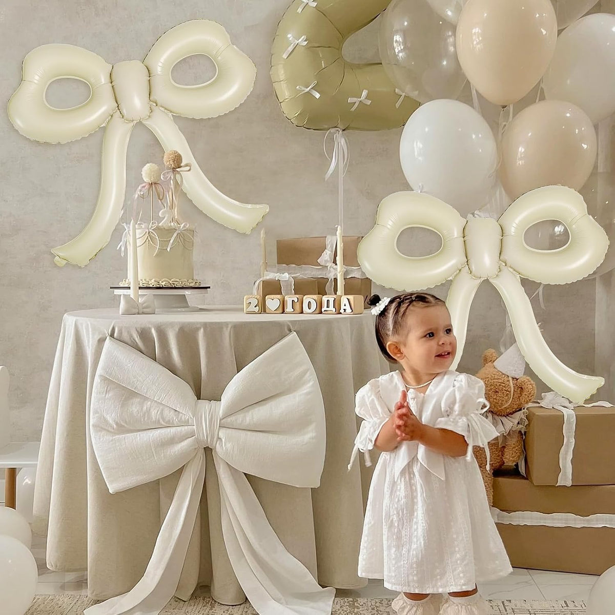 4 Pcs Bow Birthday Decorations Cream Bow Balloons for Girl Women Bow Themed Party Decorations Giant