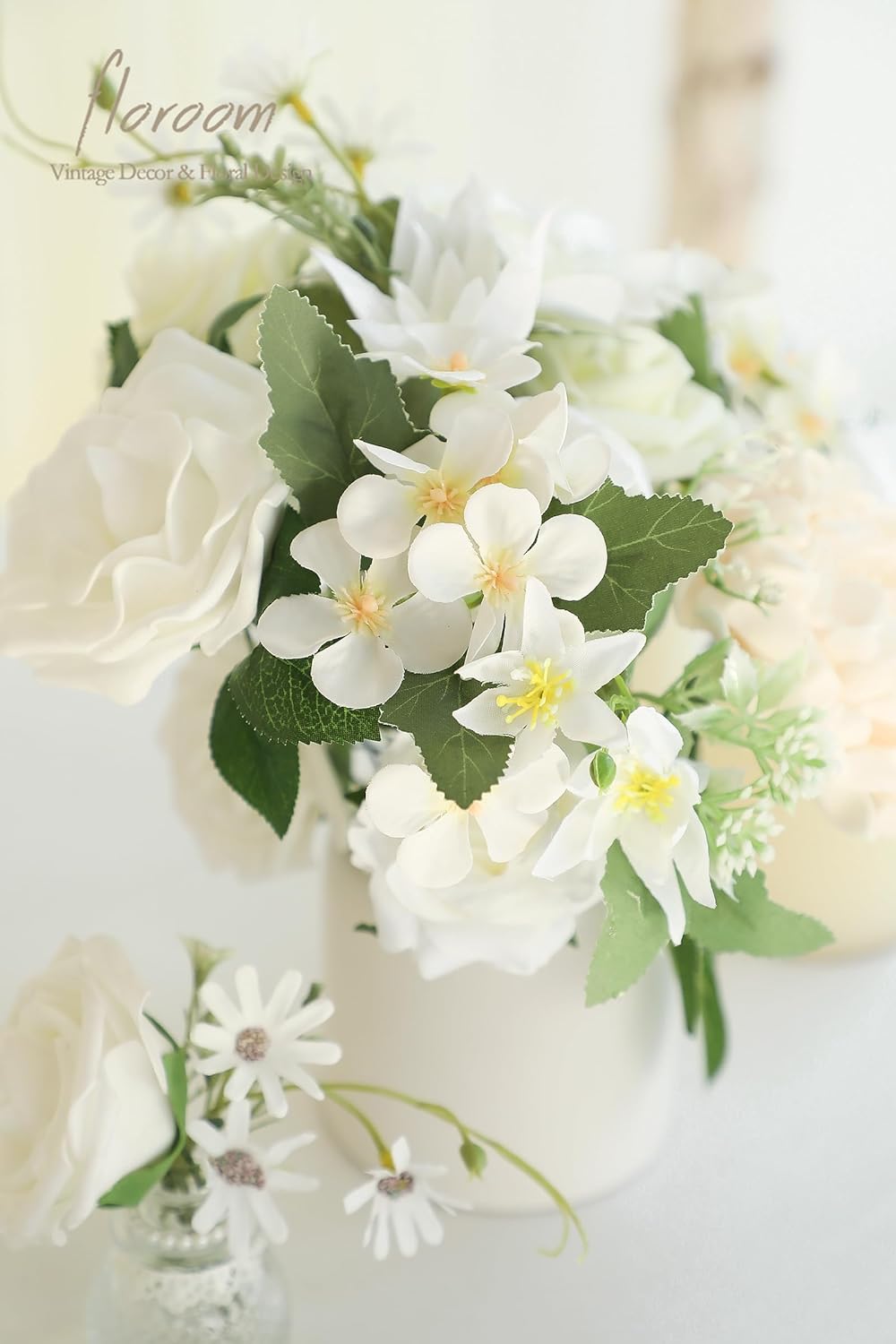 Floroom Ivory White Artificial Flowers Fake Roses Peonies Dahlia and Greenery Combo Box Set for DIY