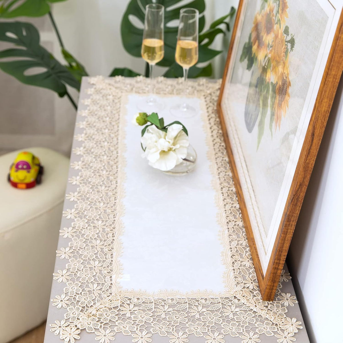 Beige lace Premium Rectangle Farmhouse Table Runner Waterproof OilProof SpillProof AntiShrink Soft