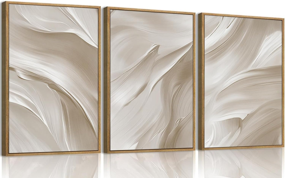 myusuar 3 Piece Large Abstract Framed Wall Art For Living Room, Smoke Texture Ink Beige White