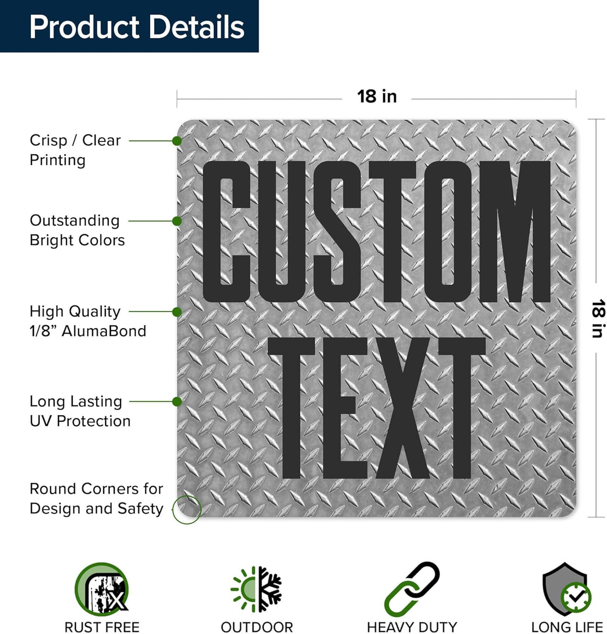 Custom Sign, Custom Street Sign, 11 Font Colors, 13 Font Styles, 4 Hole Options, 22 Sizes, 18x18