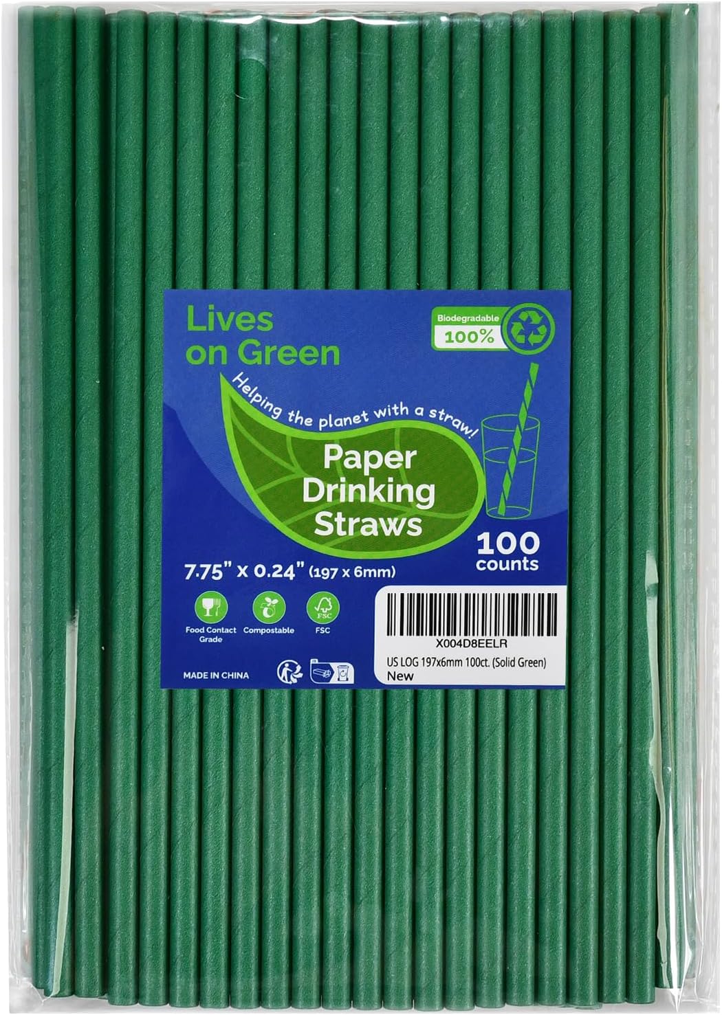 Disposable Paper Straws Solid Green - 7.75'' x 0.24'', 100 Counts - for Drinking, Beverage, Juice