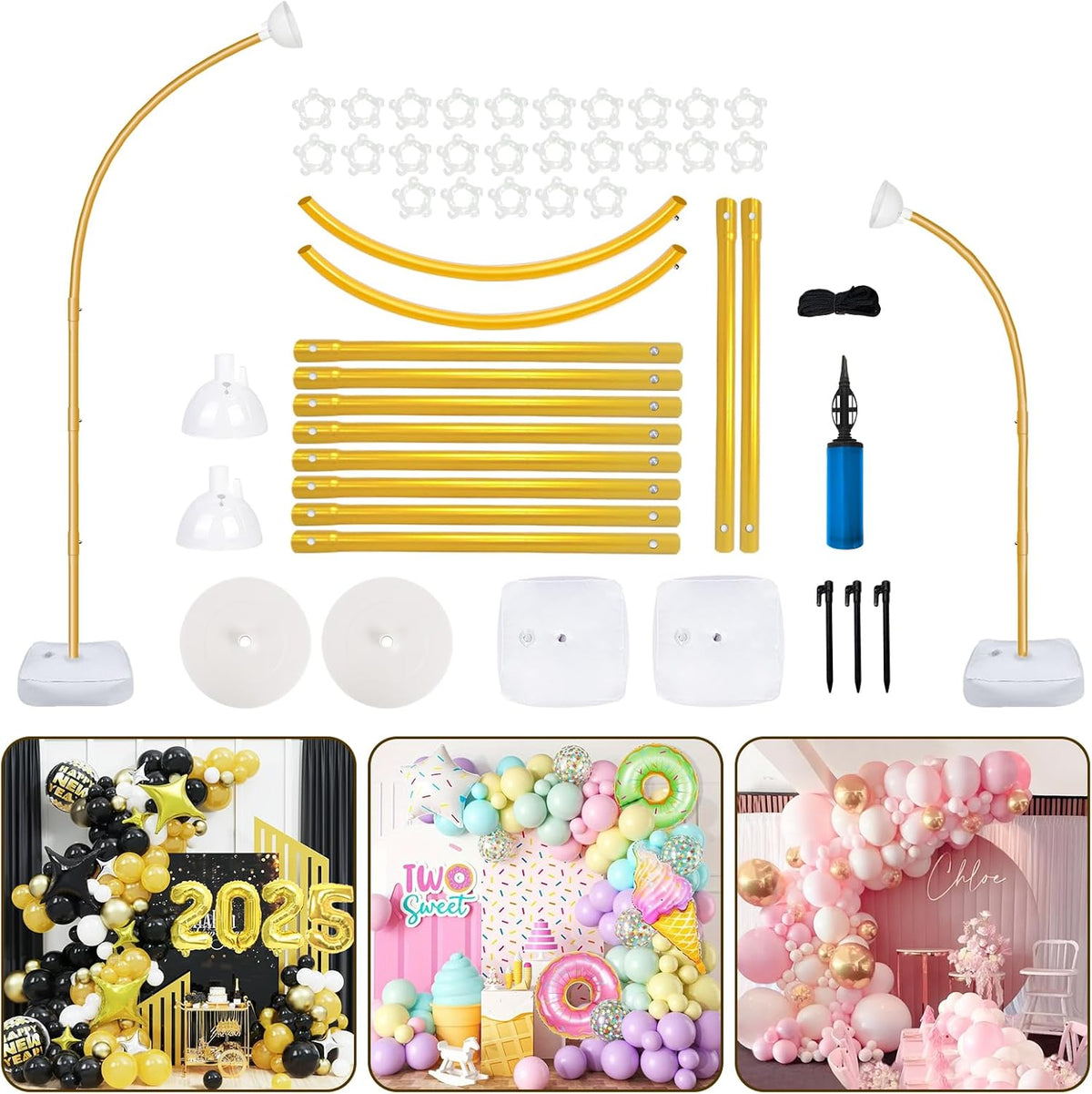 AerWo [Upgraded] Balloon Arch Kit 8.2ft+6ft, Gold Half Balloon Arch Stand with Base, Free Bending