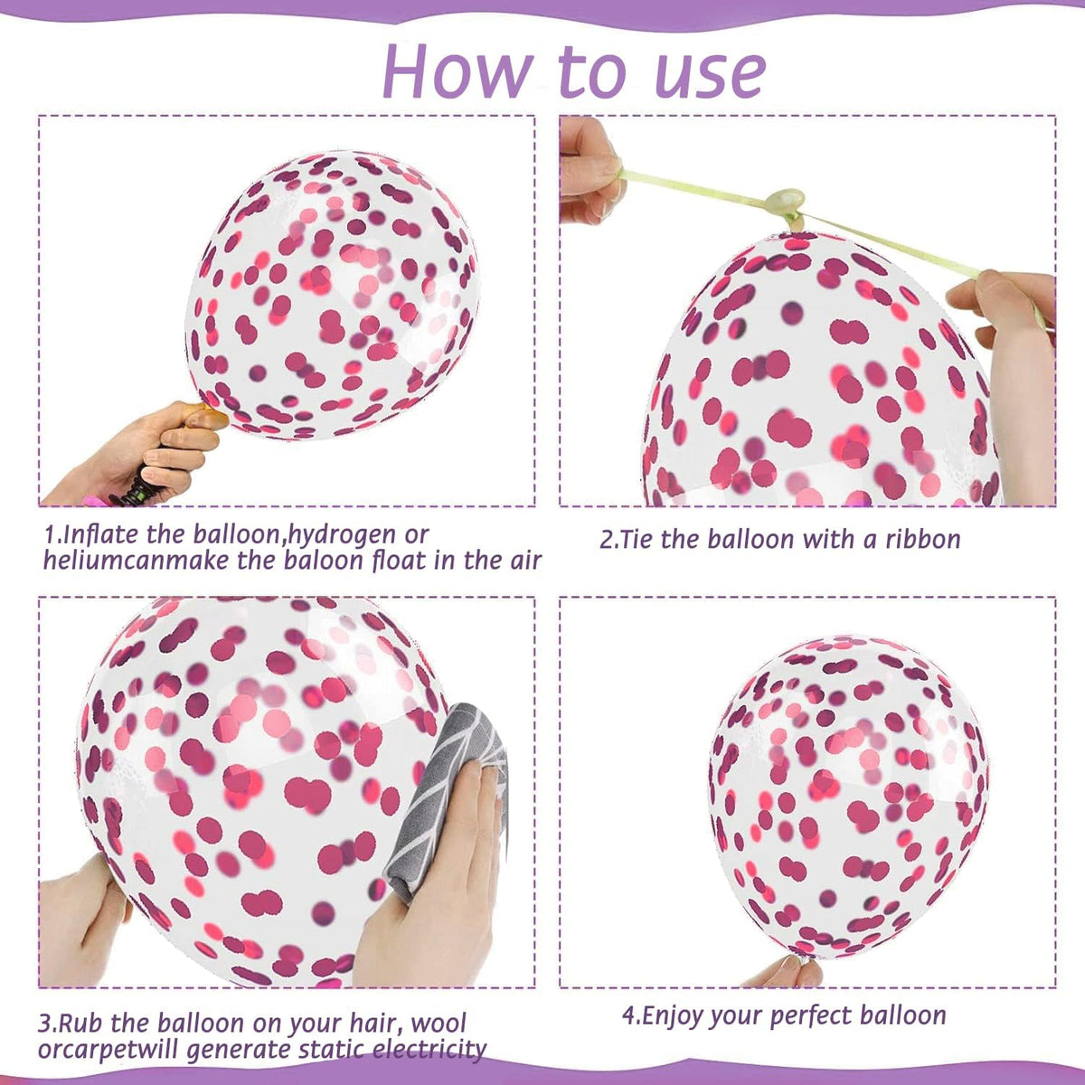 Pink and Purple Balloons,50Pcs 12 Inch Purple Pink Metallic Confetti Balloons with Ribbon for Girls