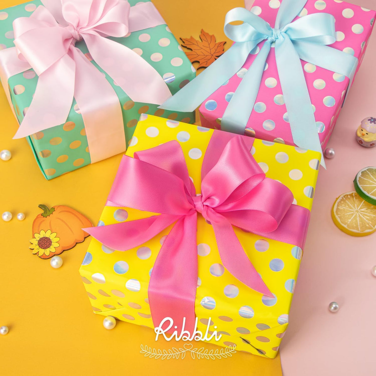 Ribbli Birthday Polka Dots Wrapping Paper Mini Roll, 3 Rolls Fluorescent Pink Aqua Yellow with