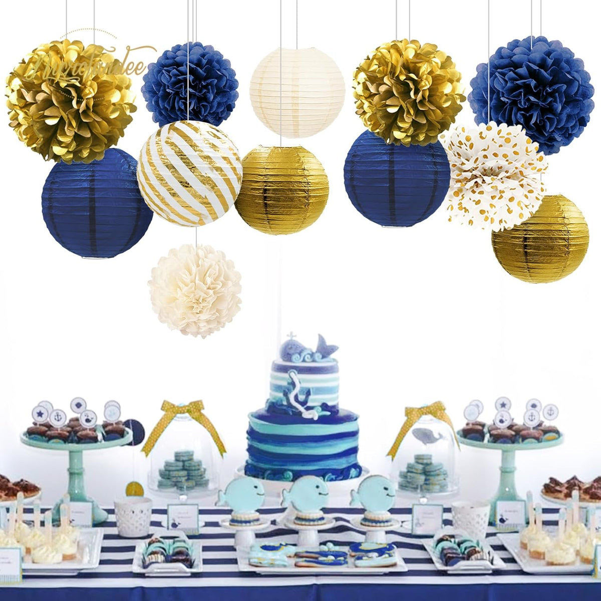 NICROLANDEE Navy Blue and Gold Decorations, 12PCS Hanging Paper Lanterns Tissue Pom Poms Decor for