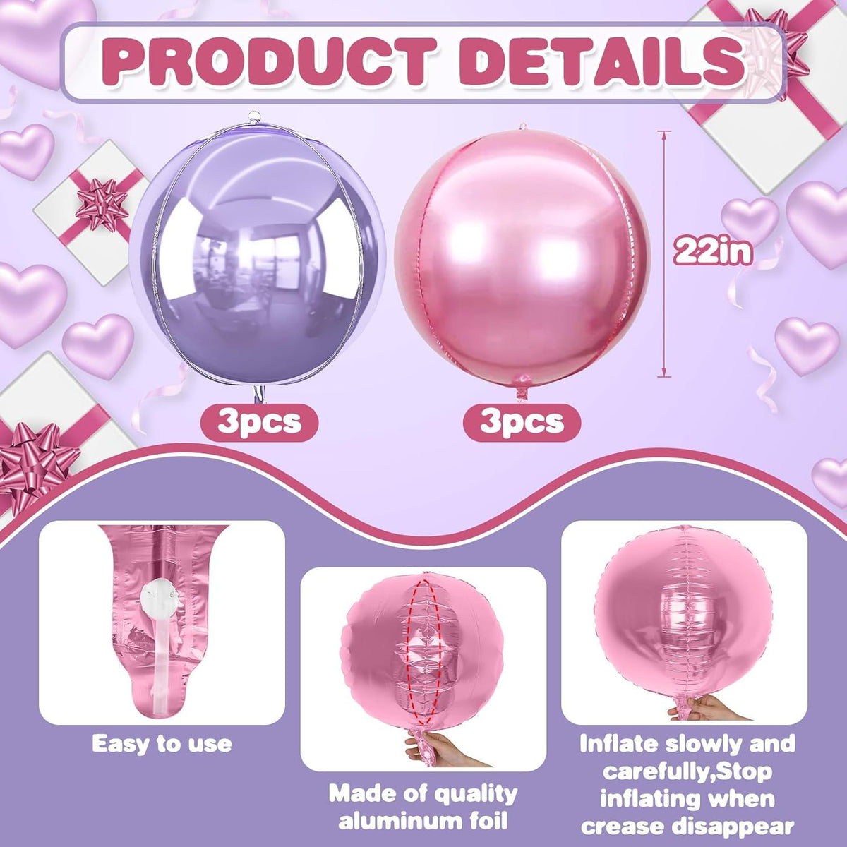 6Pcs Pink purple Round Foil Balloons,Giant 4D Round Ball Balloon,22 Inch Metallic Pink purple