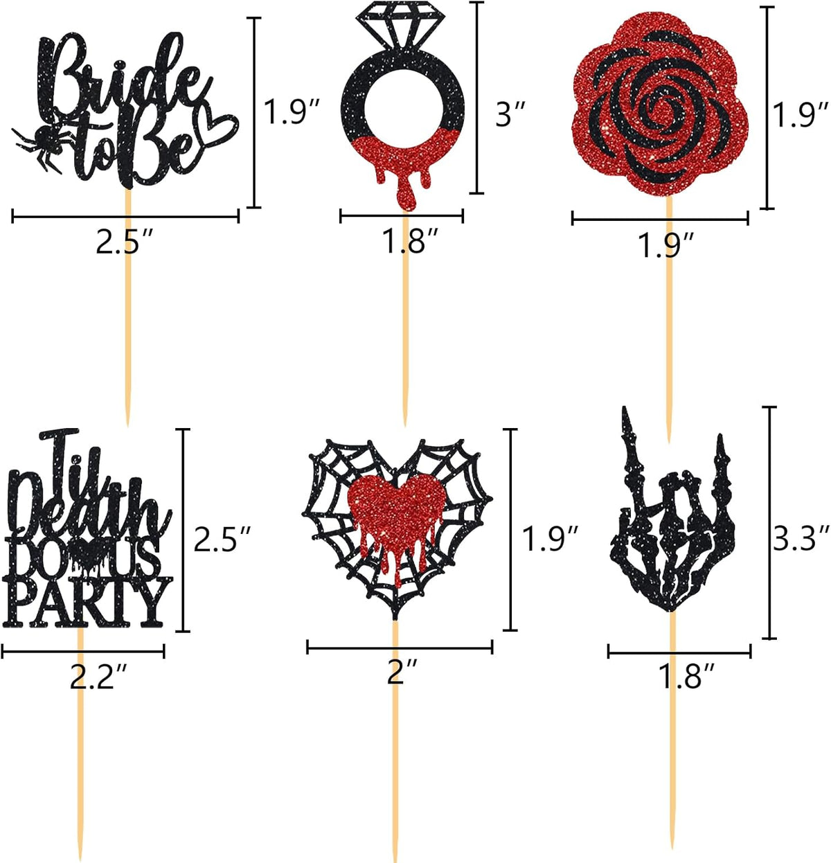 Halloween Bachelorette Cupcake Topper Bride To Be Ring Skeleton Hand Heart Blood Glitter Food Picks