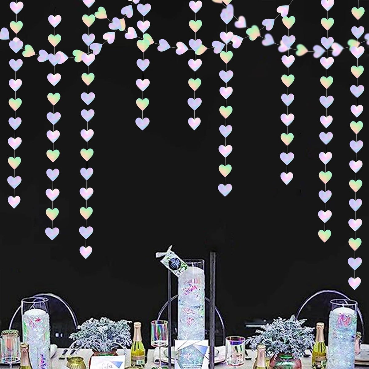 Iridescent Disco-Holographic Heart Garland - 52Ft Wedding Hanging Decoration Neon Streamers Banner