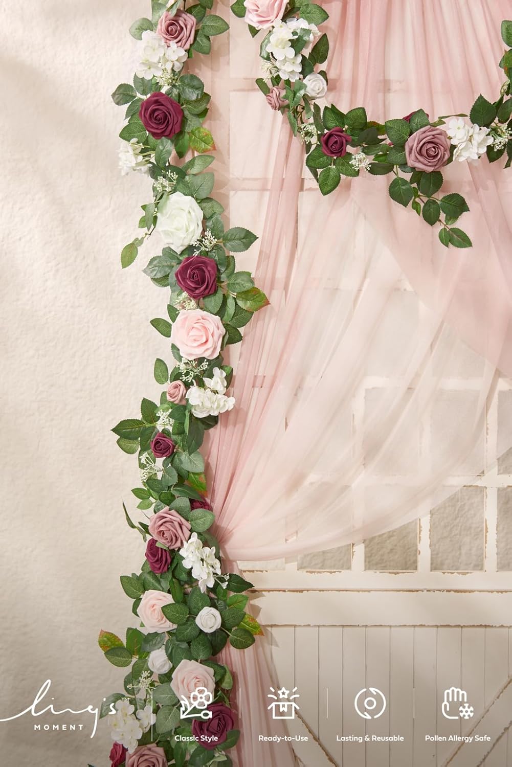 Ling's moment 5FT Dusty Rose Artificial Flower Garland Blush Rose Leaves Floral Garland Arch