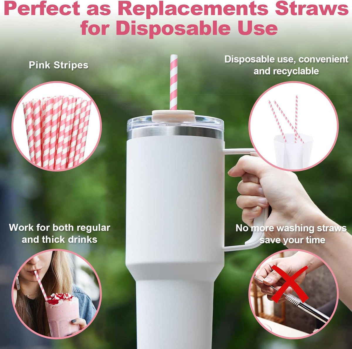 14 inch Extra Long Disposable Pink/White Striped Paper Drinking Straws 0.31" Wide - 100 Counts