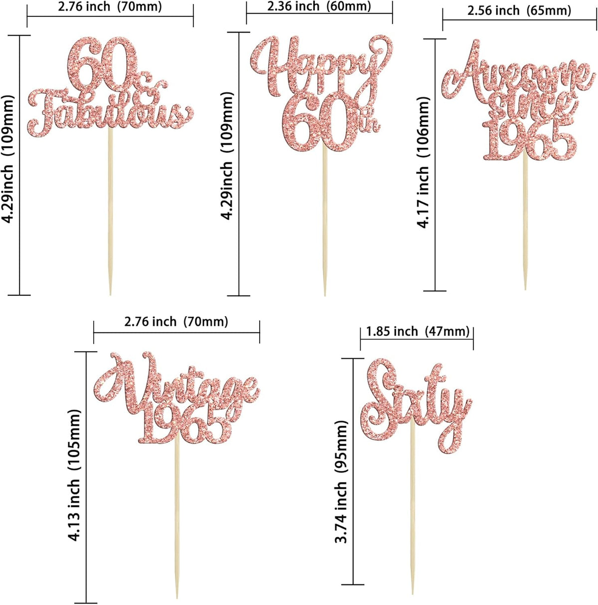 30Pcs Vintage 1965 Cupcake Toppers Glitter Sixty 60 Fabulous Happy 60th Birthday Cupcake Picks