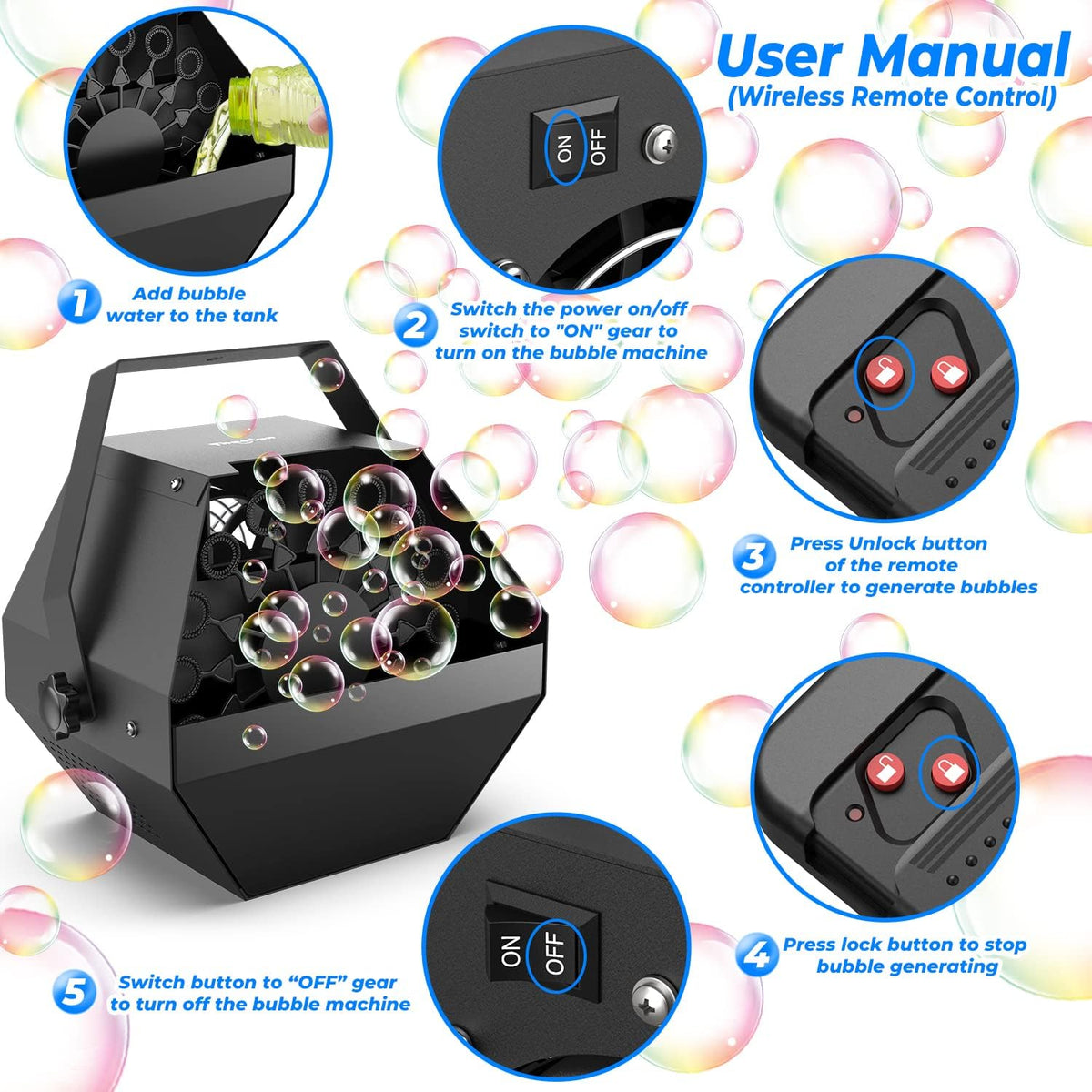 Theefun Bubble Machine: Remote Control 750ML Metal Bubble Blower Wireless USB Plug-in or 4