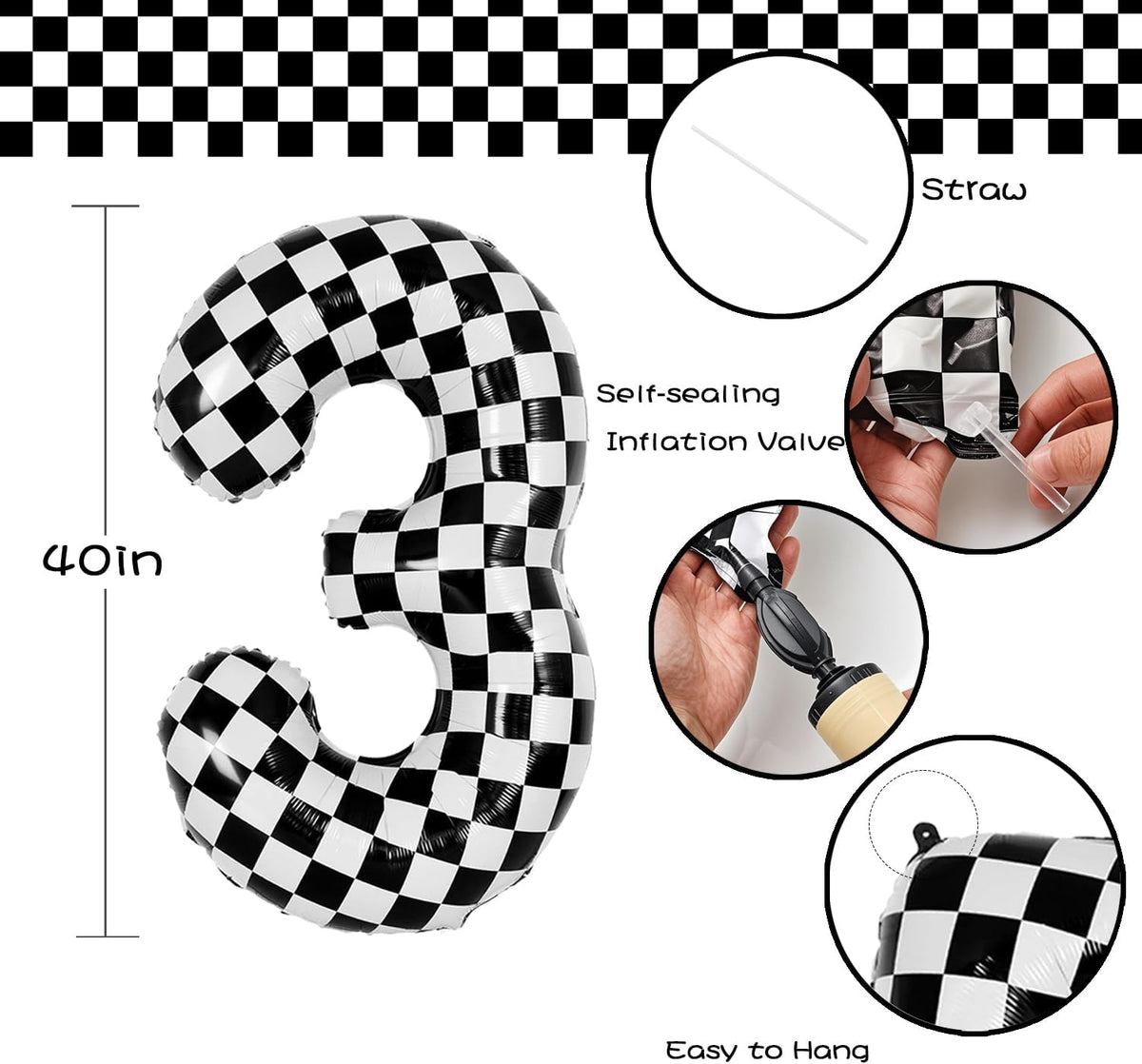 40 Inch Checkered Number Balloon - Race Flag Pattern Big Helium Balloon for Birthday Party