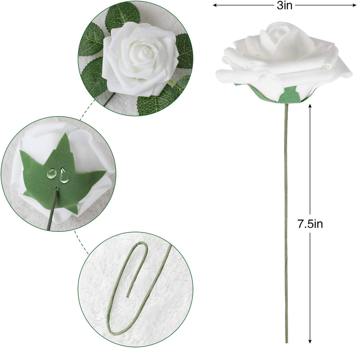 AmyHomie Artificial Flowers White Rose 100pcs Real Looking Fake Roses w/Stem for DIY Wedding