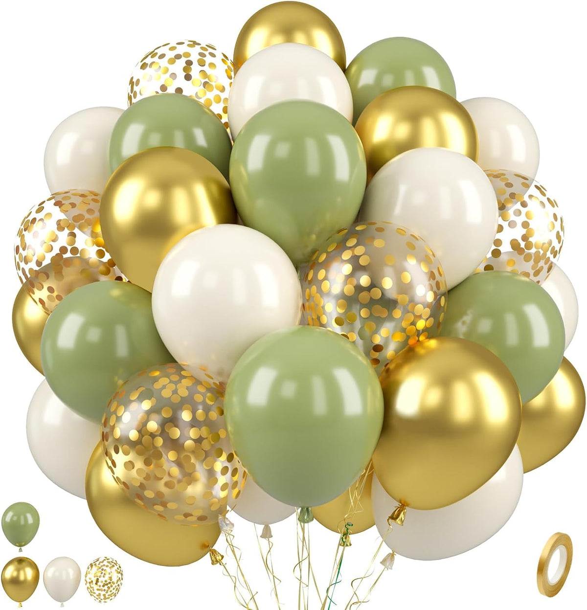 Sage Green and Gold Balloons, 50 PCS Sage Green Party Balloons, 12 Inch Metallic Gold Confetti
