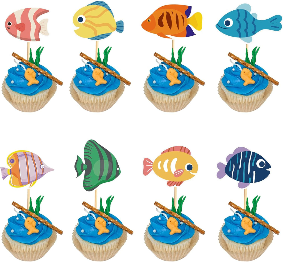 24pcs Fish Cupcake Toppers Go Fishing Theme Decorations Baby Shower Boys Girls Happy Birthday Party