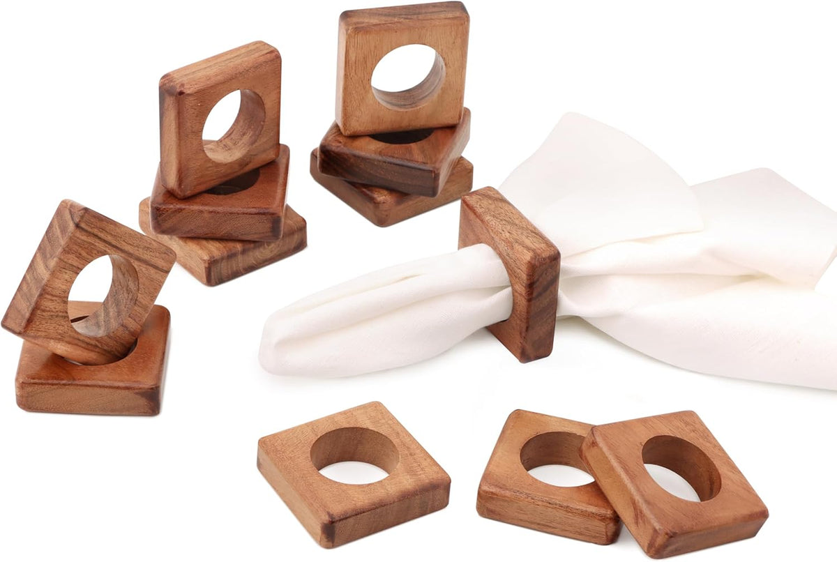 Wooden Napkin Rings Set of 12 Fall Decor for Home Square Acacia Wood Napkin Holders for Dining